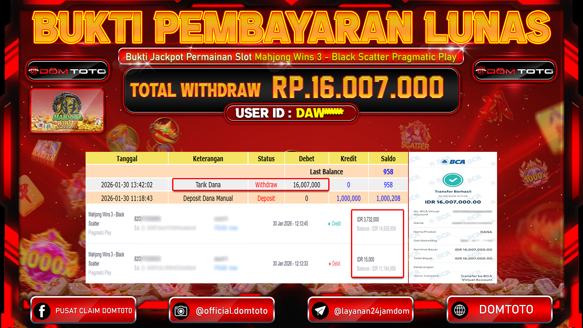 JACKPOT SLOT Mahjong Wins 3 - Black Scatter Pragmatic Play 30 JANUARI 2026
